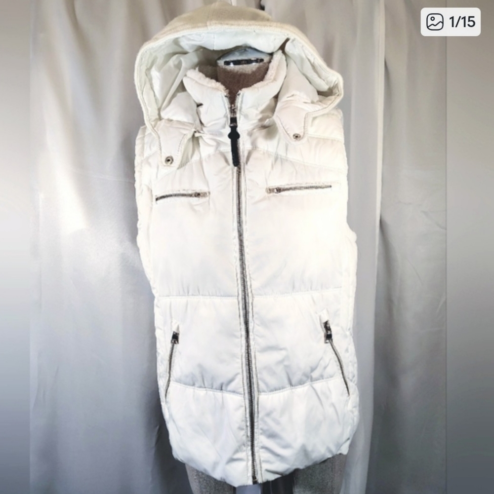 Calvin Klein TAG Puffer Vest, Women Ivory, Hood,Gold ZipUP+Pckts,Collar, XL - Picture 1 of 16
